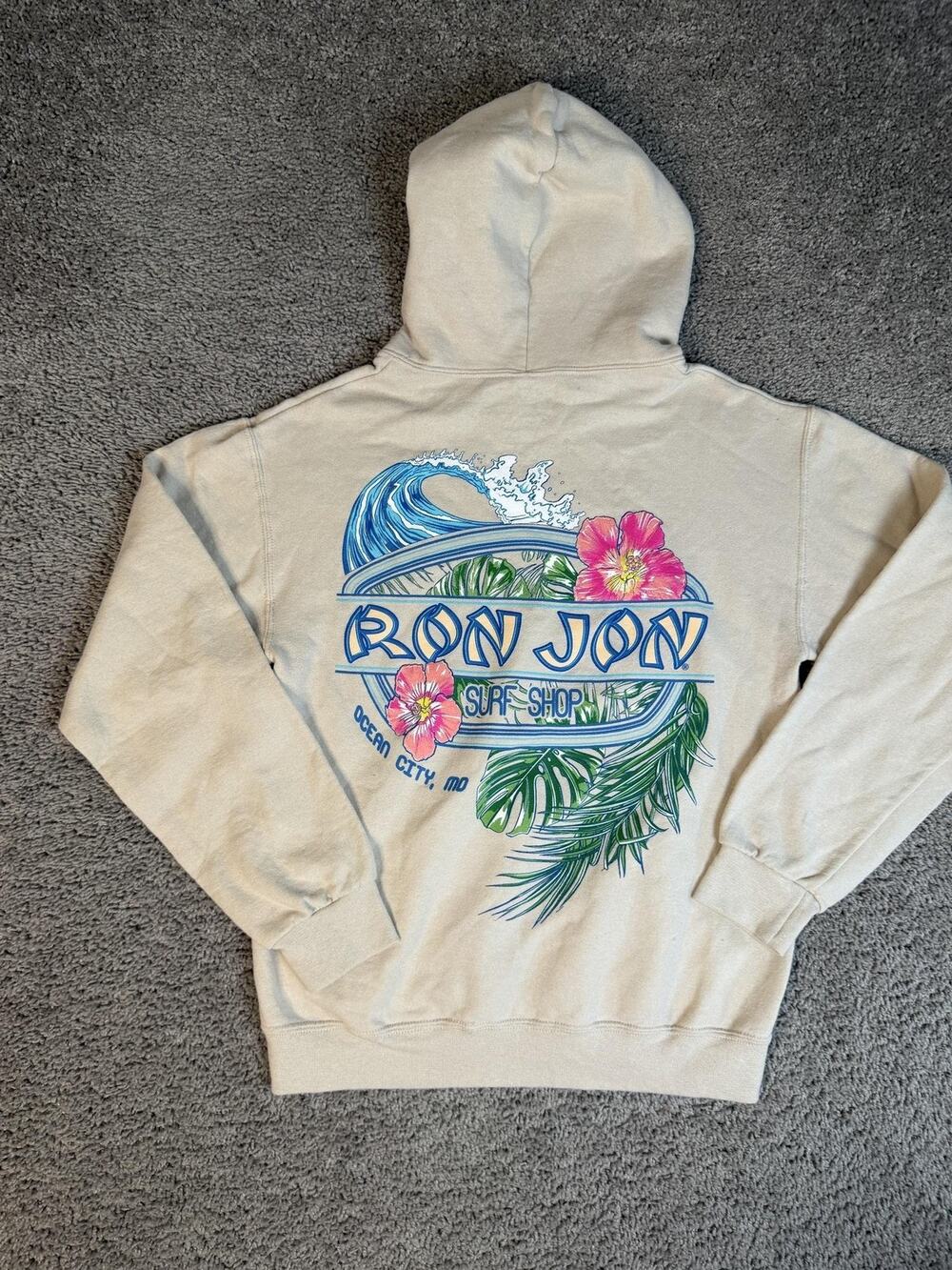 Ron Jon Surf Shop Hoodie Mens S Beige Pullover Hibiscus Floral Hooded Pockets